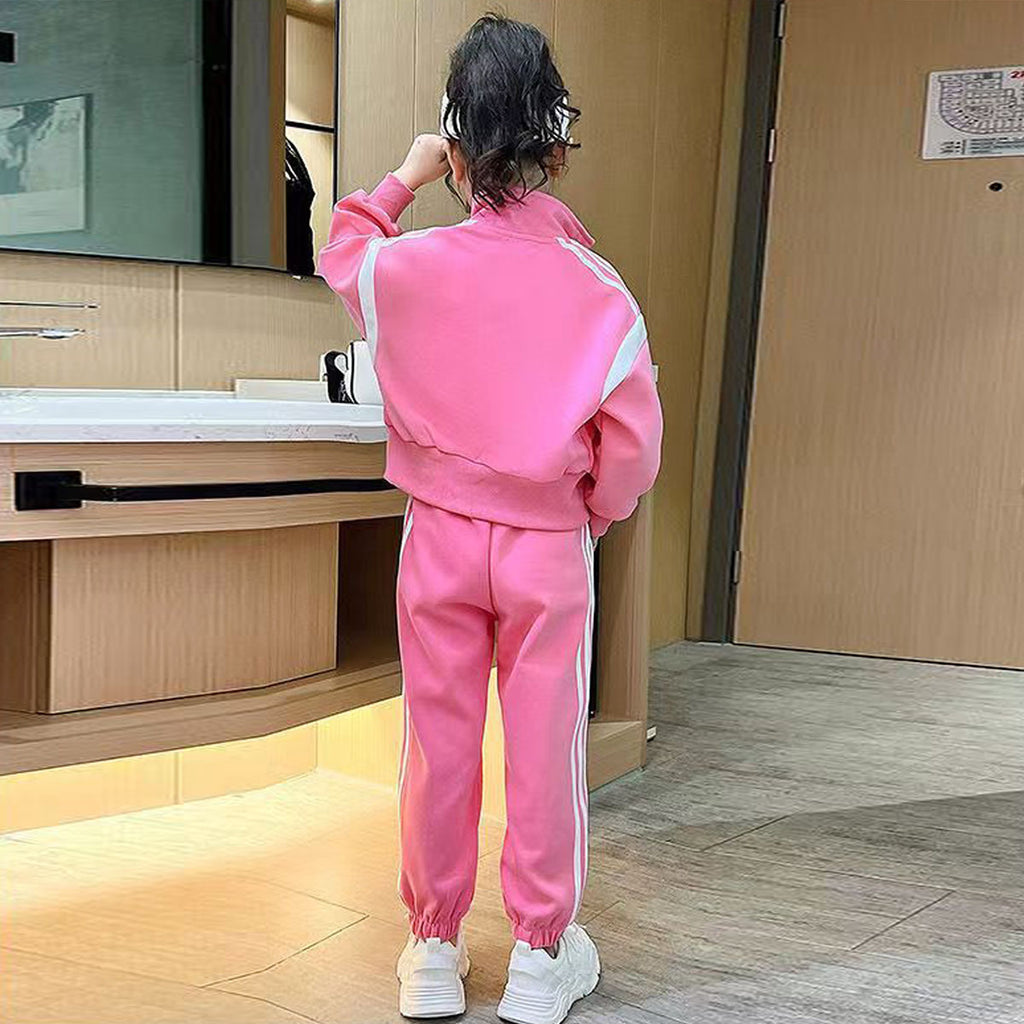 Girls Pink Solid Front Zipper Jacket With Jogger Winter Co-ord Set 2 pc. Sets
