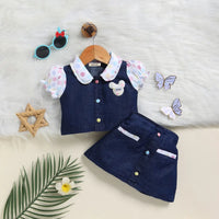 Girls Dark Blue Polka Dot Print Denim Shirt With Skirts Sets 2 pc. Sets Dark Blue 9-12 M