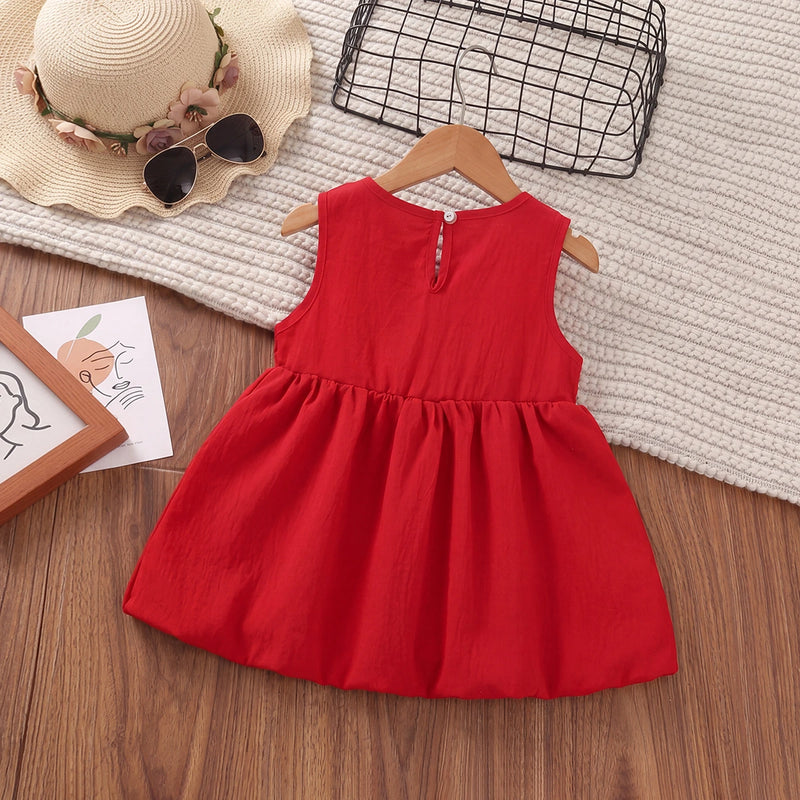 Girls Red Bow Applique Sleeveless Balloon Dress Casual Dresses