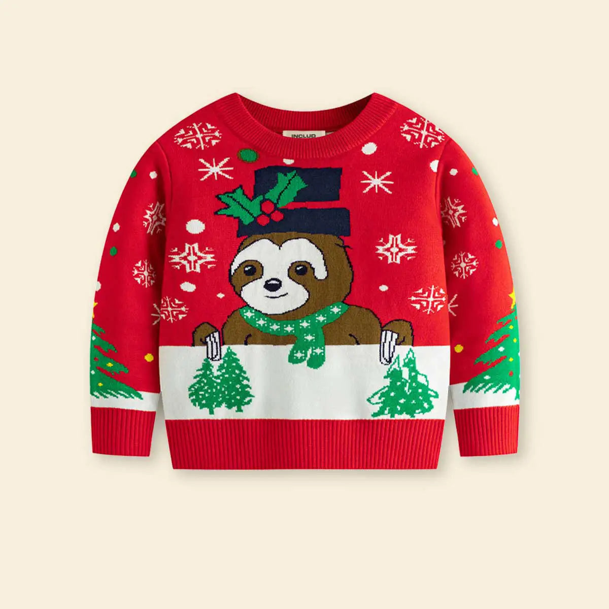 Girls Red Sweater With Self-Design Christmas Patterns Sweaters & Cardigans