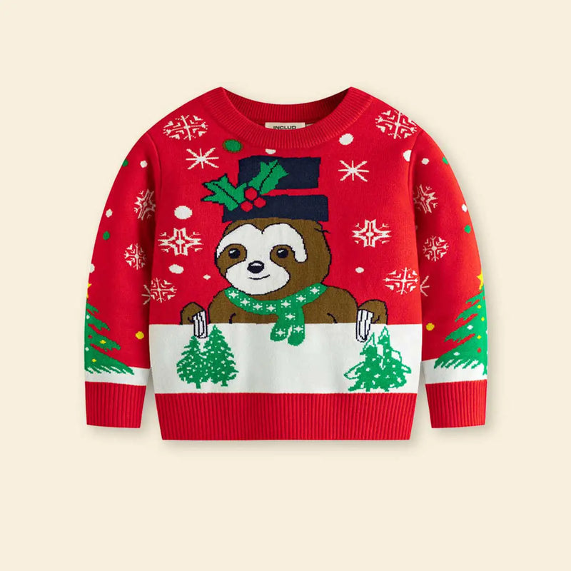 Girls Red Sweater With Self-Design Christmas Patterns Sweaters & Cardigans
