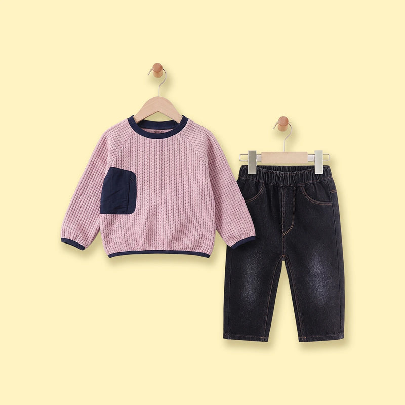 Boys Pink Textured Sweatshirt With Denim Pants Sets Sets Pink 1-2 Y