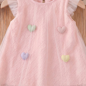 Girls Pink Heart Applique Flutter Sleeve A-Line Dress Casual Dresses