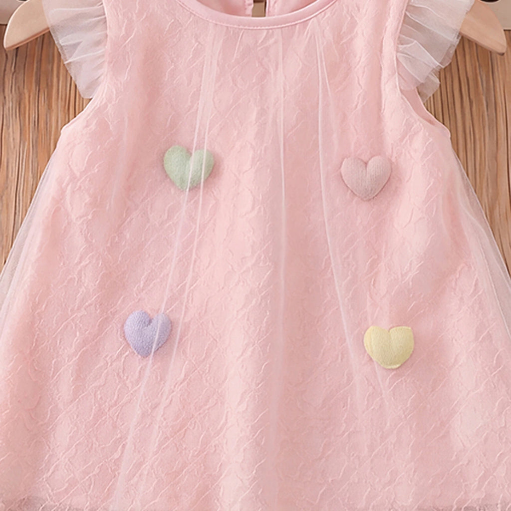 Girls Pink Heart Applique Flutter Sleeve A-Line Dress Casual Dresses