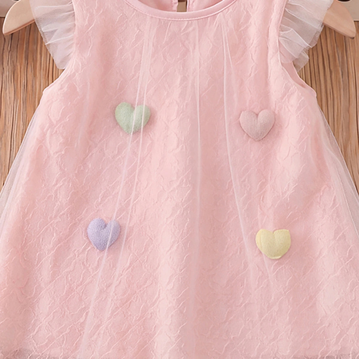 Girls Pink Heart Applique Flutter Sleeve A-Line Dress Casual Dresses