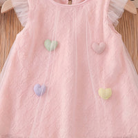 Girls Pink Heart Applique Flutter Sleeve A-Line Dress Casual Dresses