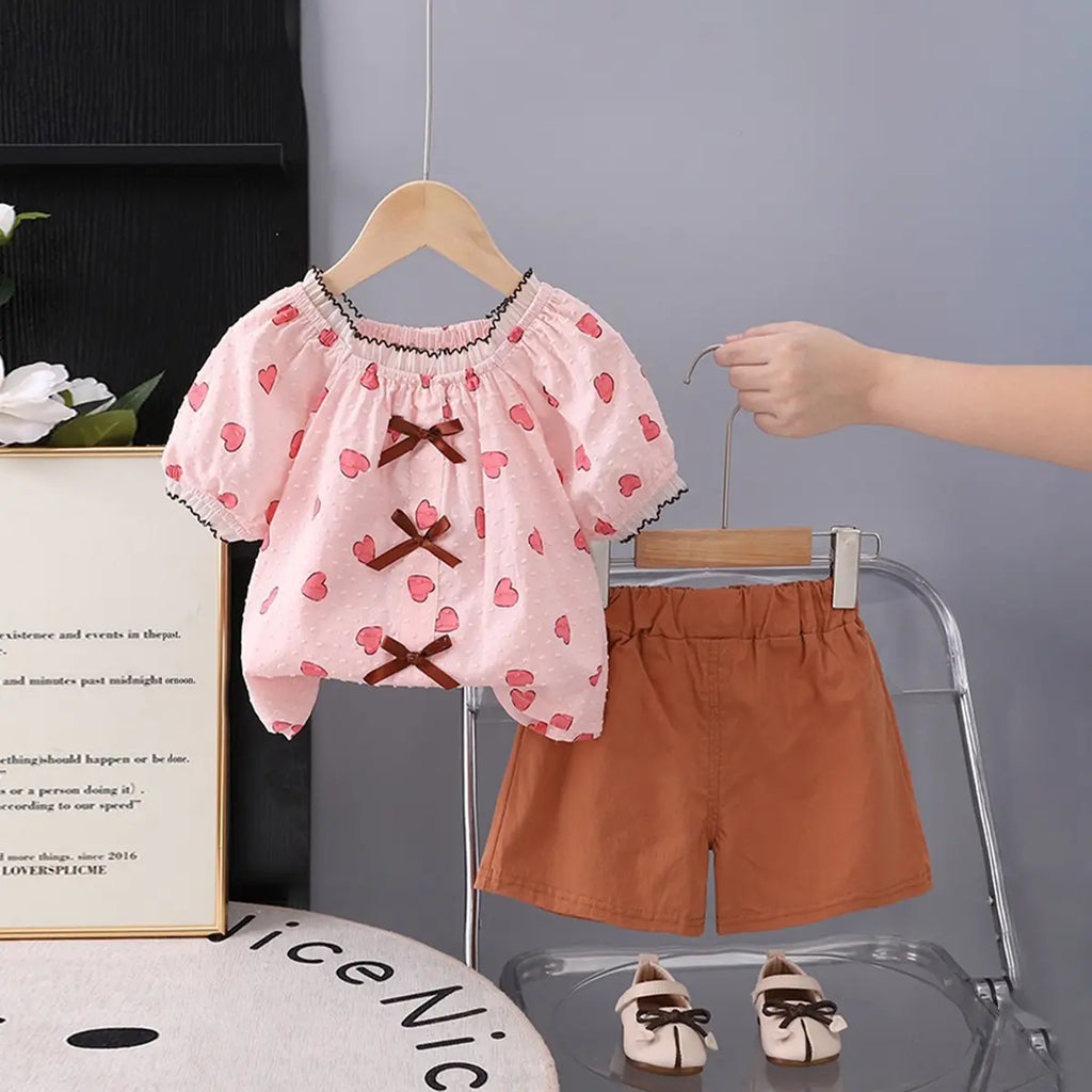 Girls Pink Heart Print Puff Sleeve Top With Shorts Sets Sets Pink 1-2 Y