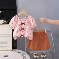 Girls Pink Heart Print Puff Sleeve Top With Shorts Sets Sets Pink 1-2 Y
