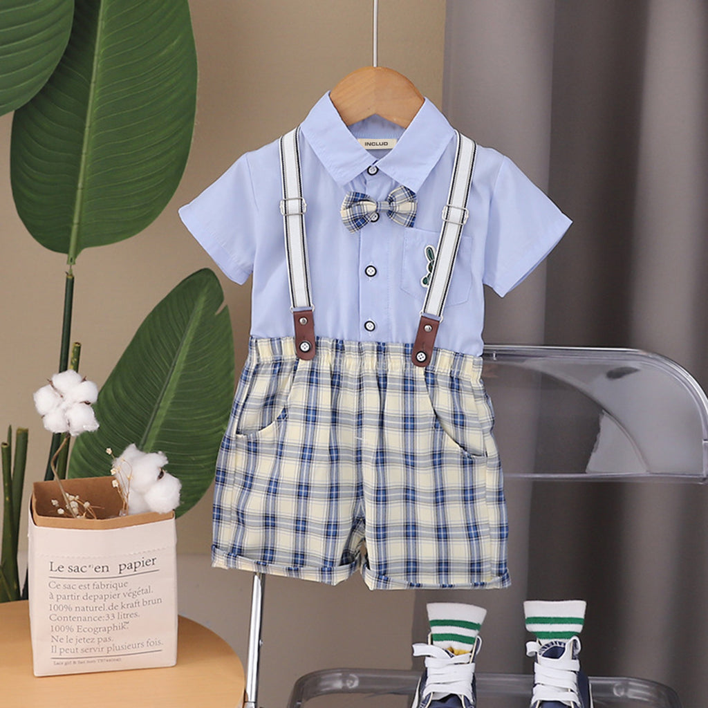Boys Short Sleeve Shirt With Suspenders Check Shorts