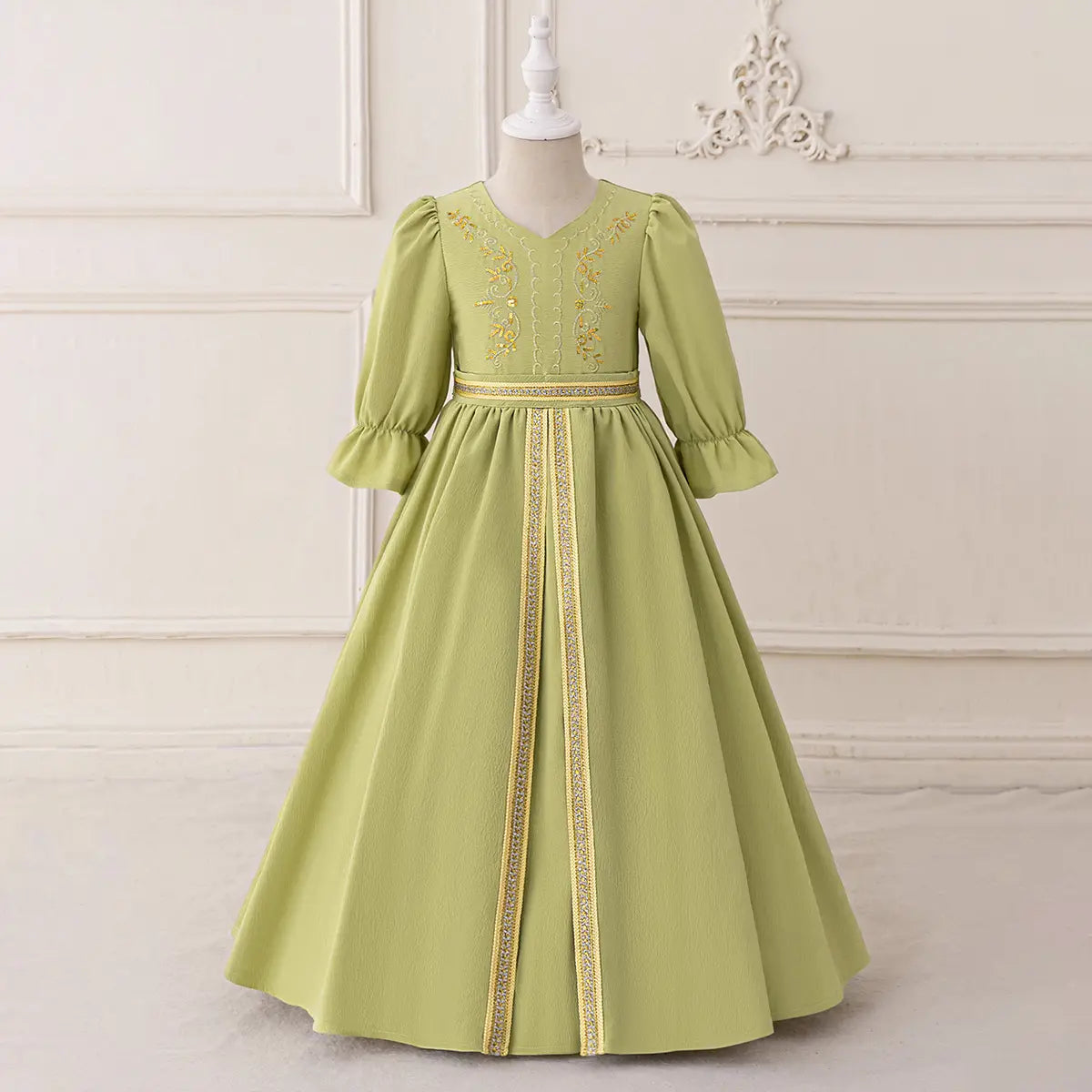 Girls Green Embroidered Fit & Flare Maxi Dress With Puff Sleeves Casual Dresses Green 3-4 Y
