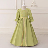 Girls Green Embroidered Fit & Flare Maxi Dress With Puff Sleeves Casual Dresses Green 3-4 Y