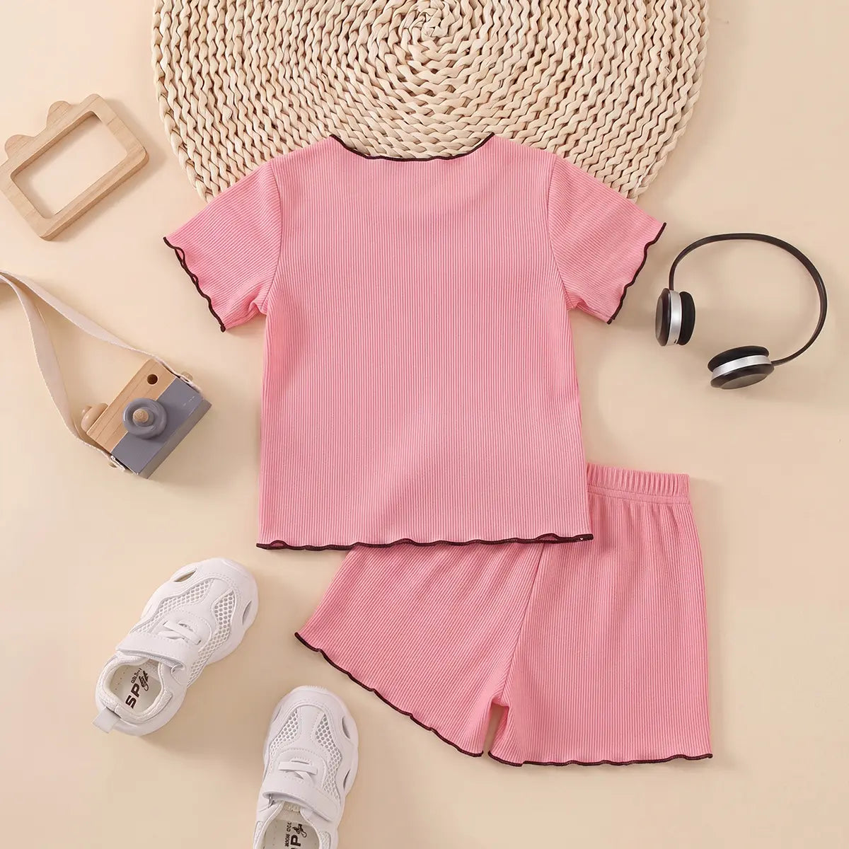 Girls Pink Bear Graphic Printed Short Sleeve Top With Shorts Sets 2 pc. Sets