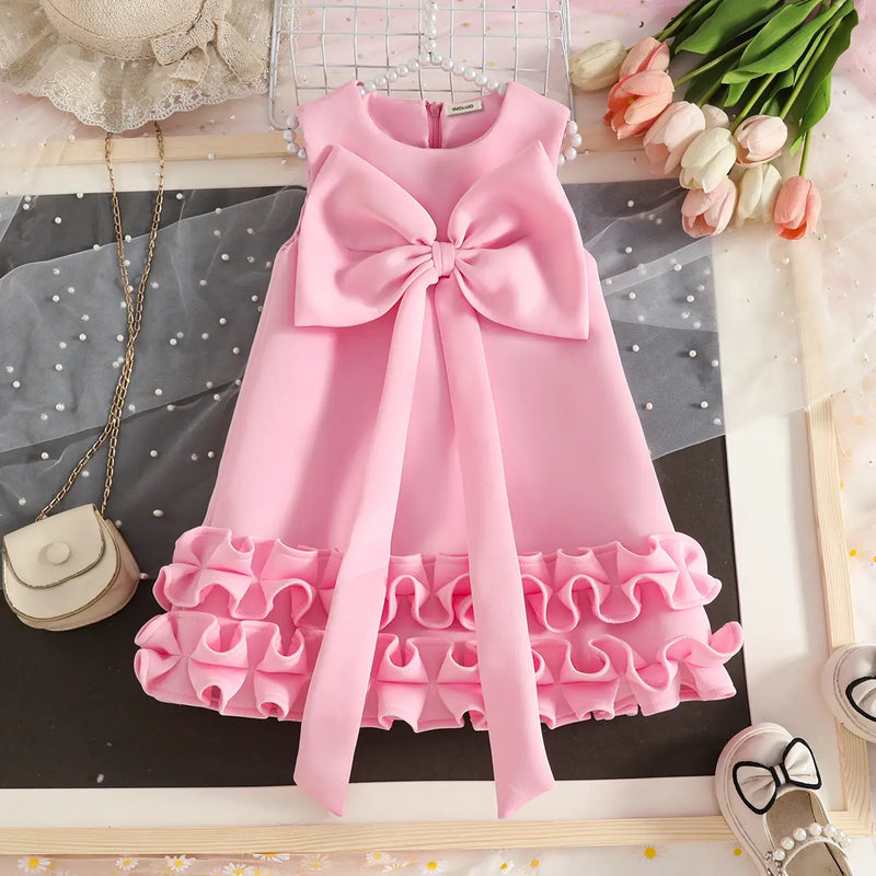 Girls Pink Sleeveless Large Bow Applique A-line Party Wear Dress Party Dresses Pink 2-3 Y