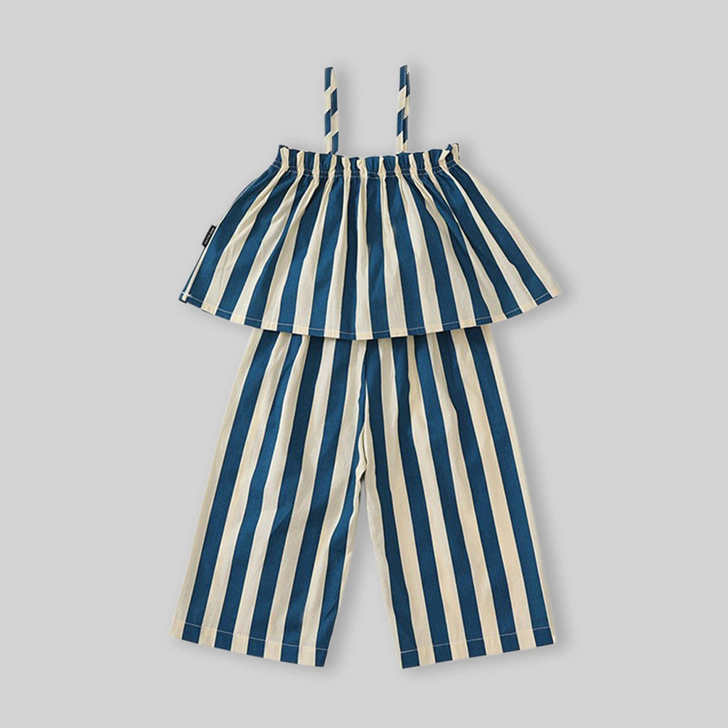 Girls Blue Striped Ruffle Tank Top With Elasticated Pants Sets Sets
