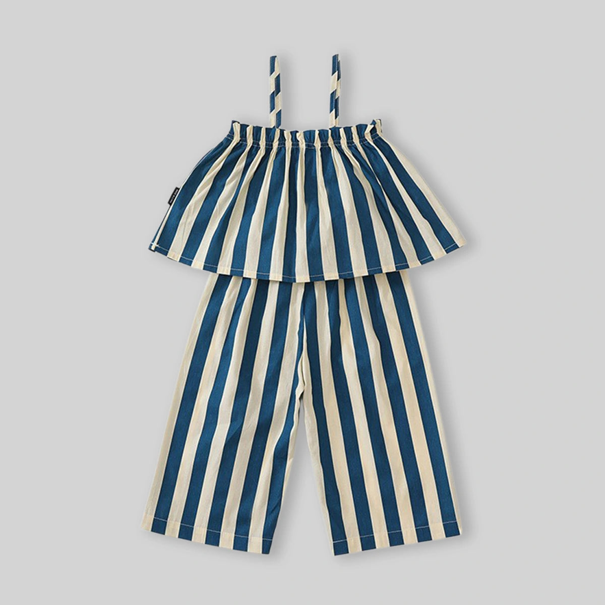 Girls Blue Striped Ruffle Tank Top With Elasticated Pants Sets Sets