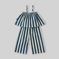 Girls Blue Striped Ruffle Tank Top With Elasticated Pants Sets Sets
