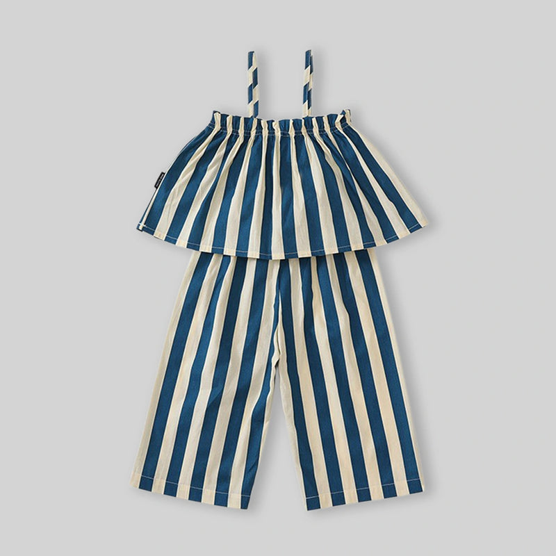 Girls Blue Striped Ruffle Tank Top With Elasticated Pants Sets Sets