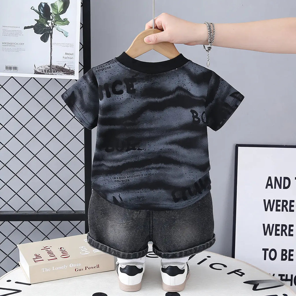 Boys Black Typographic Print T-Shirt With Denim Shorts Sets Sets