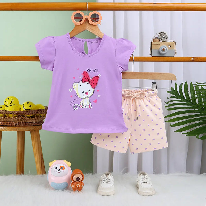 Girls Lilac Animal Graphic Short Sleeves Top With Polka Dot Elasticated Shorts Sets Sets Lilac 6-12 M