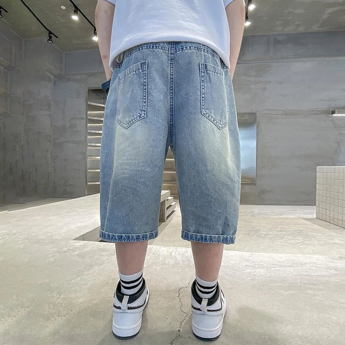 Boys Light Blue Star Embroidered Relaxed Fit Denim Shorts Shorts