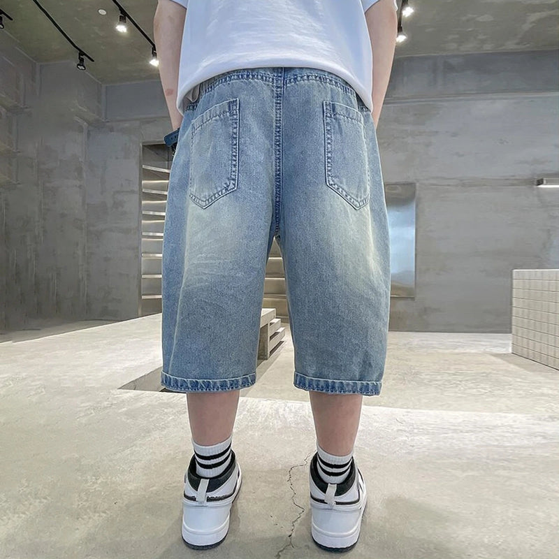 Boys Light Blue Star Embroidered Relaxed Fit Denim Shorts Shorts