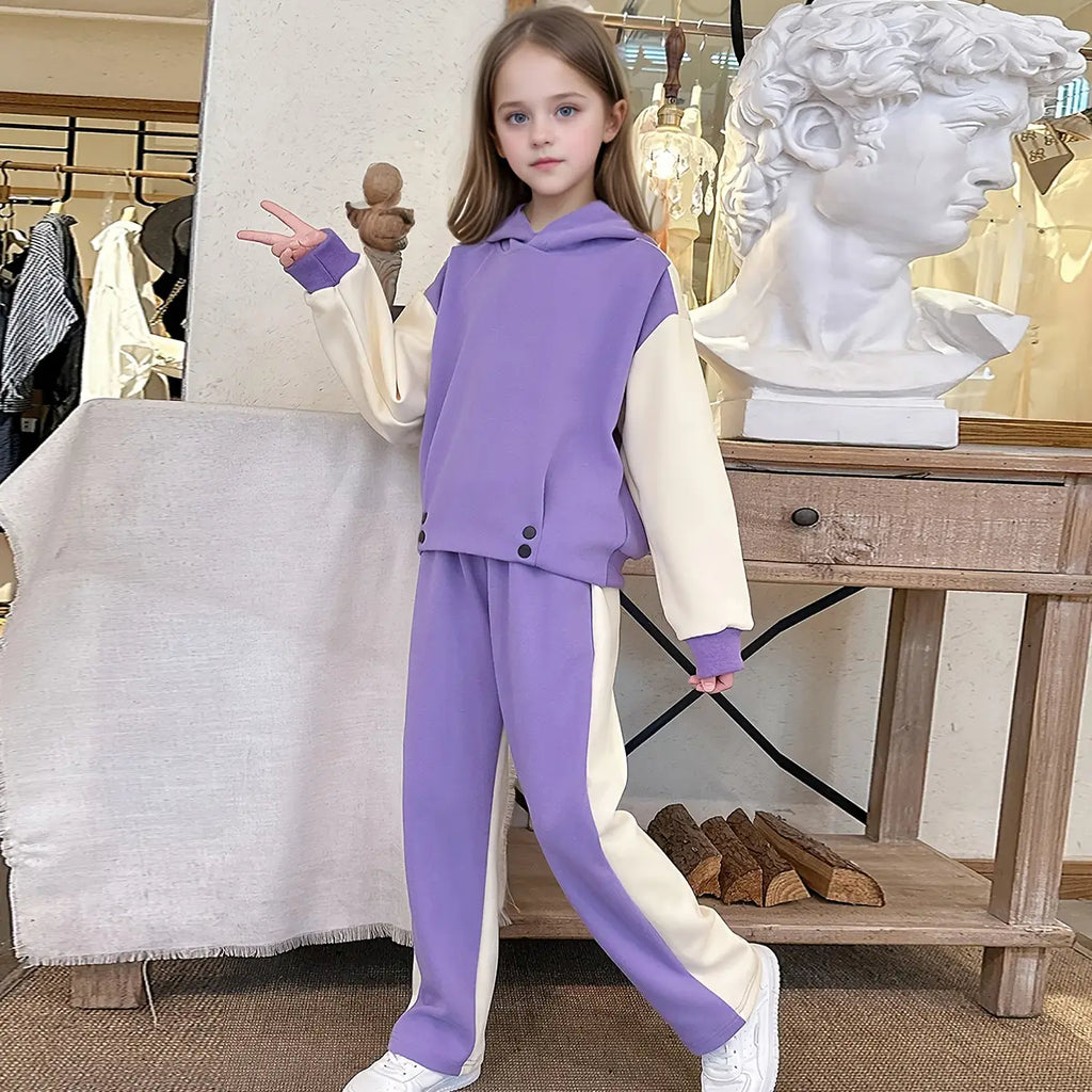 Girls Purple Color-blocked Hooded Sweatshirt With Pants Set Sets