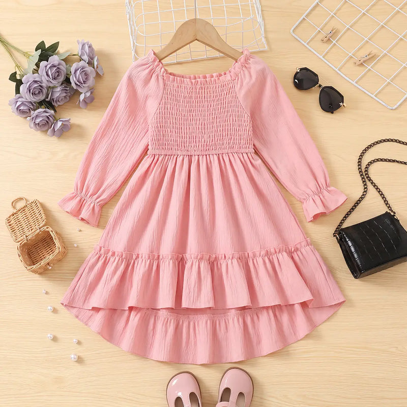 Girls Pink Smocked Puff Sleeve High-Low Dress – INCLUD