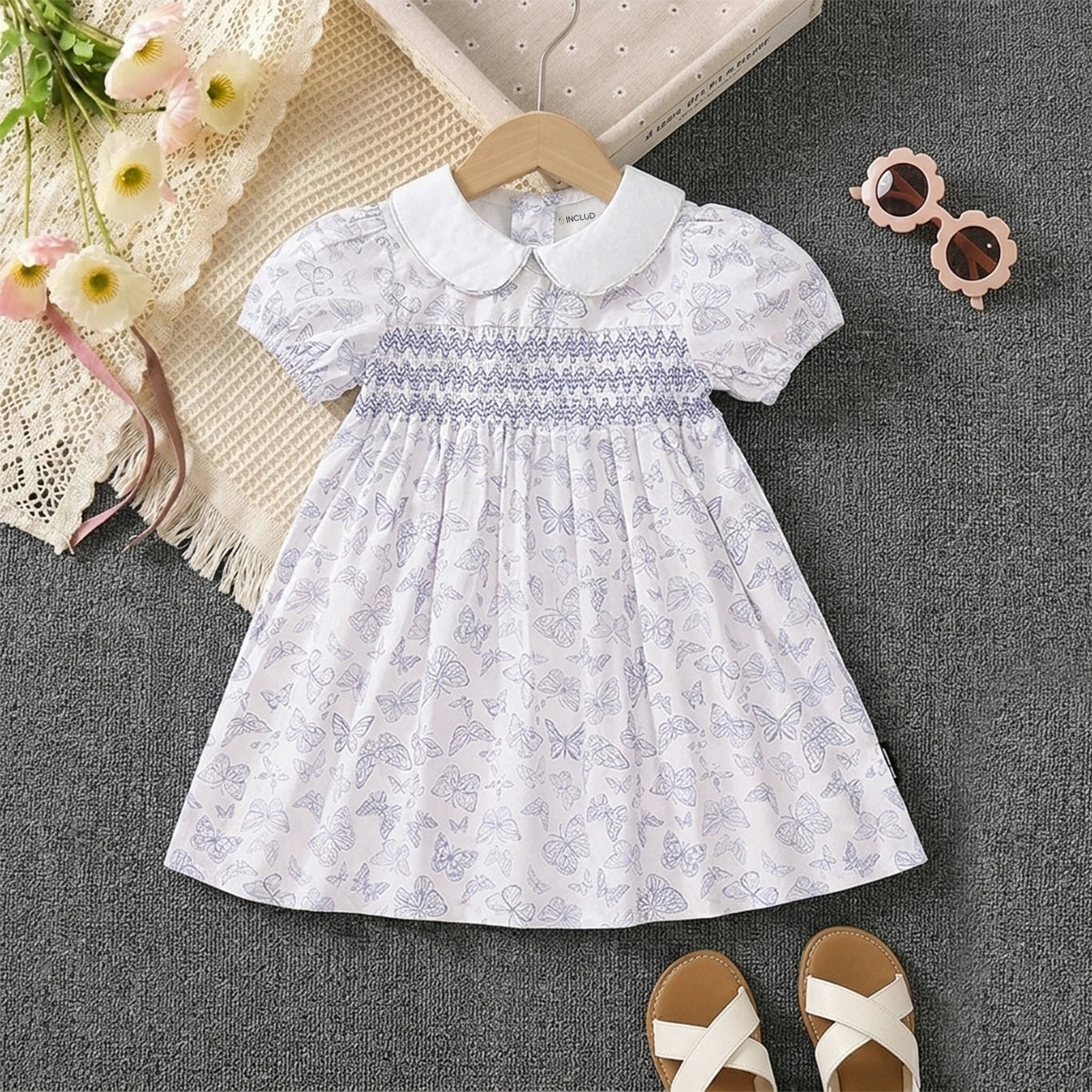 Girls White Butterfly Printed Smocked Fit & Flare Dress Casual Dresses White 2-3 Y