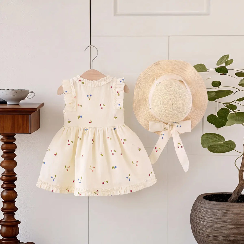 Girls Cream Cherry Printed Sleeveless Fit & Flare Dress Casual Dresses