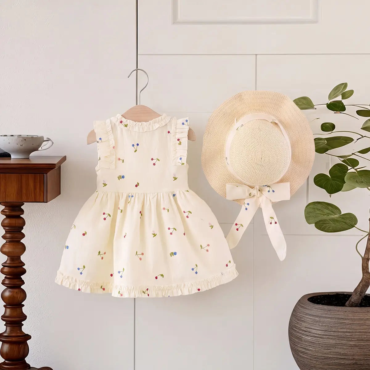 Girls Cream Cherry Printed Sleeveless Fit & Flare Dress Casual Dresses