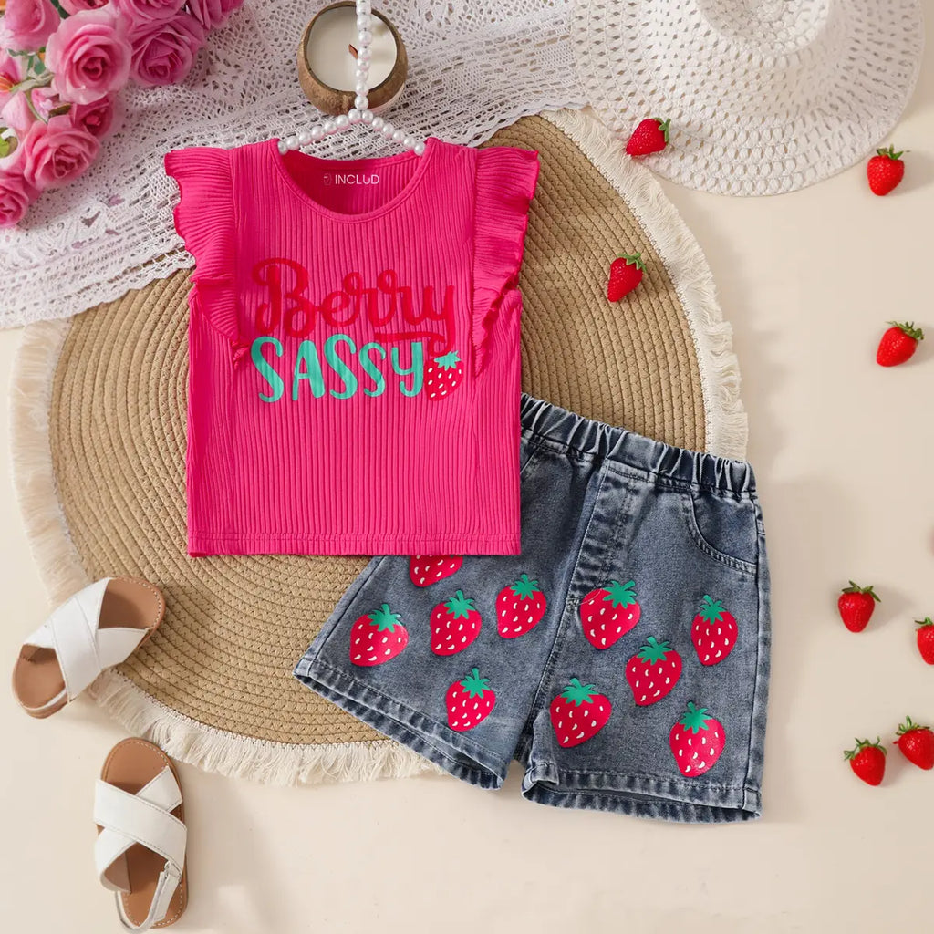 Girls Fuchsia Strawberry Print Top With Denim Shorts Set Sets Fuchsia 3-4 Y