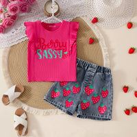 Girls Fuchsia Strawberry Print Top With Denim Shorts Set Sets Fuchsia 3-4 Y