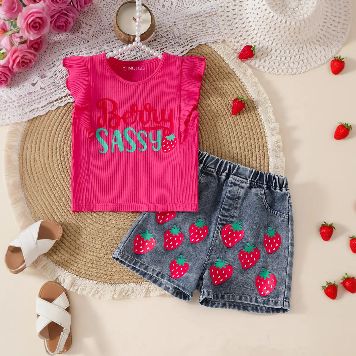 Girls Fuchsia Strawberry Print Top With Denim Shorts Set Sets Fuchsia 3-4 Y