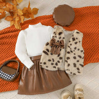 Girls Long Sleeve T-Shirt With Apricot Faux Fur Vest & Faux Leather Skirt & Hat Sets Sets