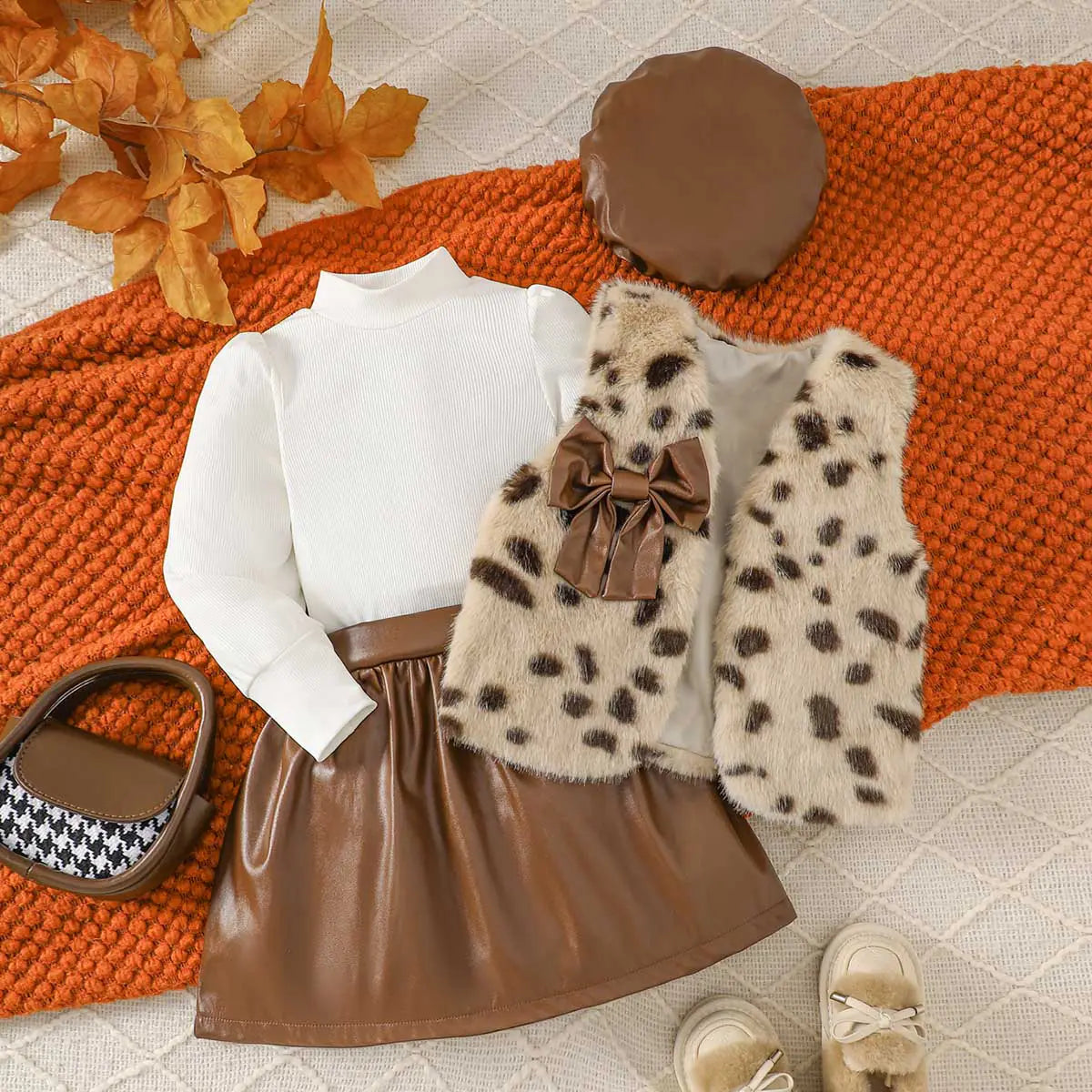 Girls Long Sleeve T-Shirt With Apricot Faux Fur Vest & Faux Leather Skirt & Hat Sets Sets