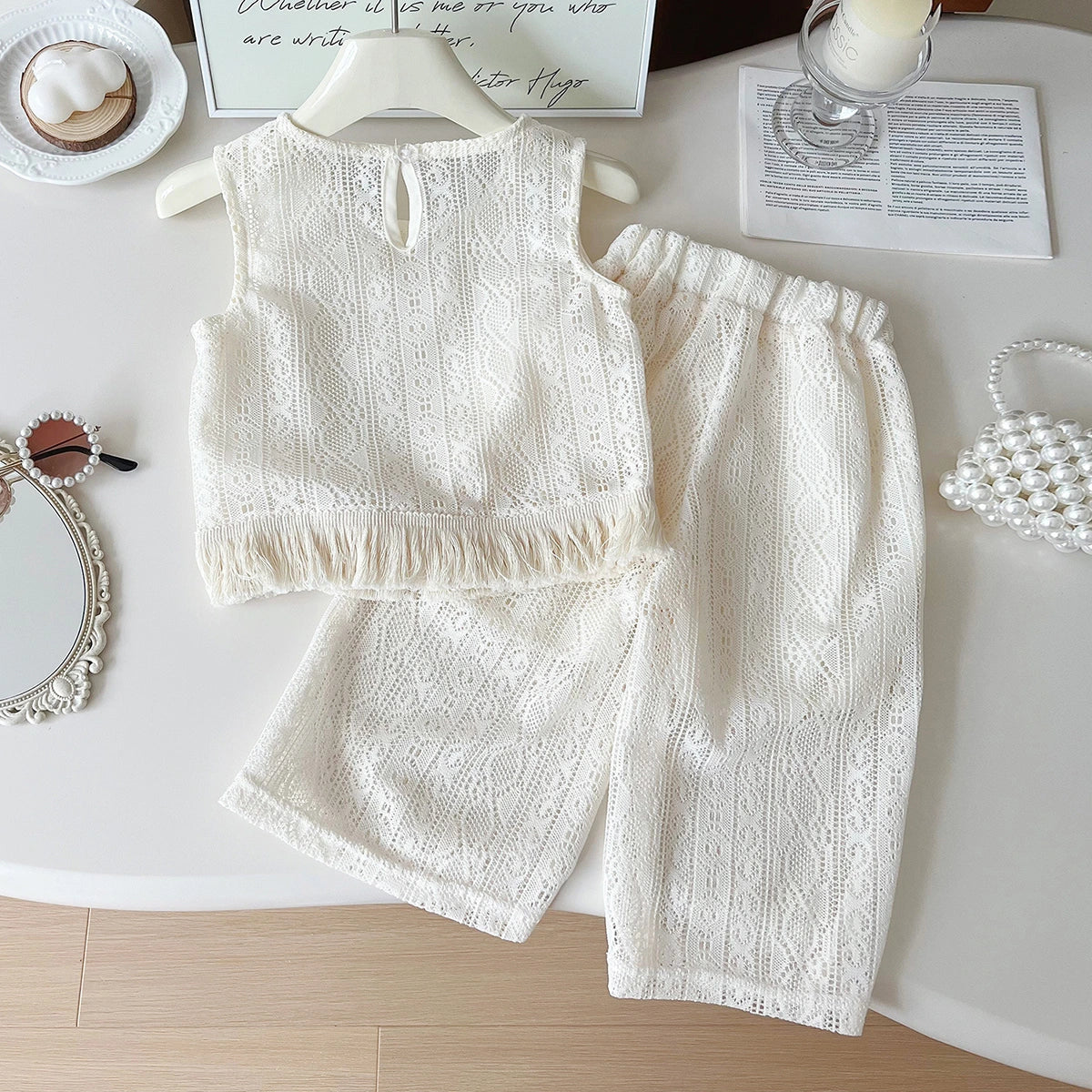 Girls Off White Self Design Sleeveless Top With Pants Sets 2 pc. Sets