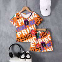 Boys Orange Typographic Print T-Shirt With Shorts Set 2 pc. Sets Orange 3-4 Y