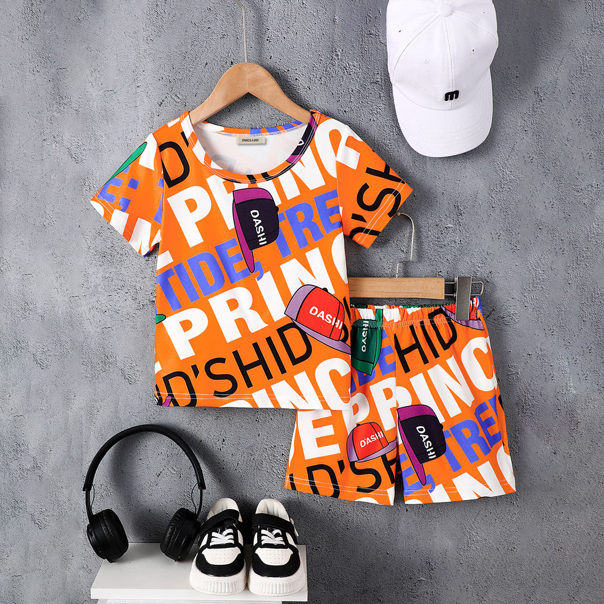 Boys Orange Typographic Print T-Shirt With Shorts Set 2 pc. Sets Orange 3-4 Y