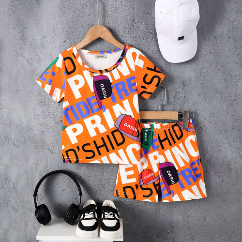 Boys Orange Typographic Print T-Shirt With Shorts Set 2 pc. Sets Orange 3-4 Y