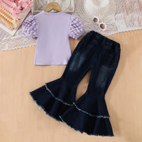 Girls Purple Puff Sleeves Top With Flared Pearl Embellishments Denim Pants Set Sets