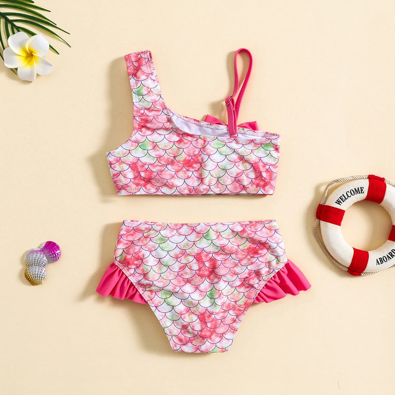 Girls Pink Mermaid Printed Top With Briefs Two-Piece Swimwear Sets Sets