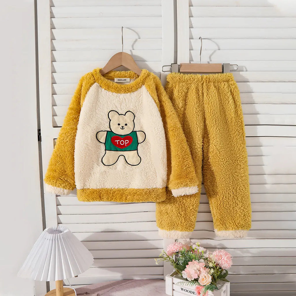 Girls Yellow Polar Fleece Bear Embroidered Sweatshirt With Pants Sets Sets Yellow 1-2 Y