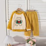 Girls Yellow Polar Fleece Bear Embroidered Sweatshirt With Pants Sets