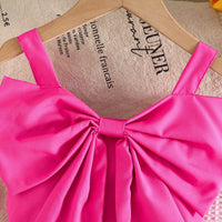 Girls Fuchsia Bow Crop Top With Floral Embroidered Denim Shorts Sets Sets