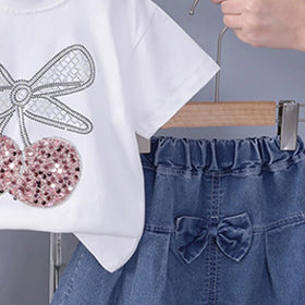 Girls White Cherry Embellished T-Shirt With Pleated Denim Shorts Set Sets