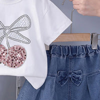Girls White Cherry Embellished T-Shirt With Pleated Denim Shorts Set Sets