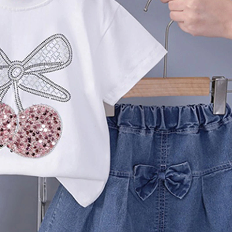 Girls White Cherry Embellished T-Shirt With Pleated Denim Shorts Set Sets