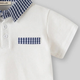 Boys White Short Sleeves Polo T-Shirt With Checked Collar Tshirts