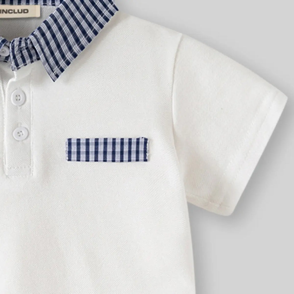 Boys White Short Sleeves Polo T-Shirt With Checked Collar Tshirts