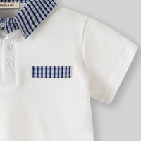 Boys White Short Sleeves Polo T-Shirt With Checked Collar Tshirts